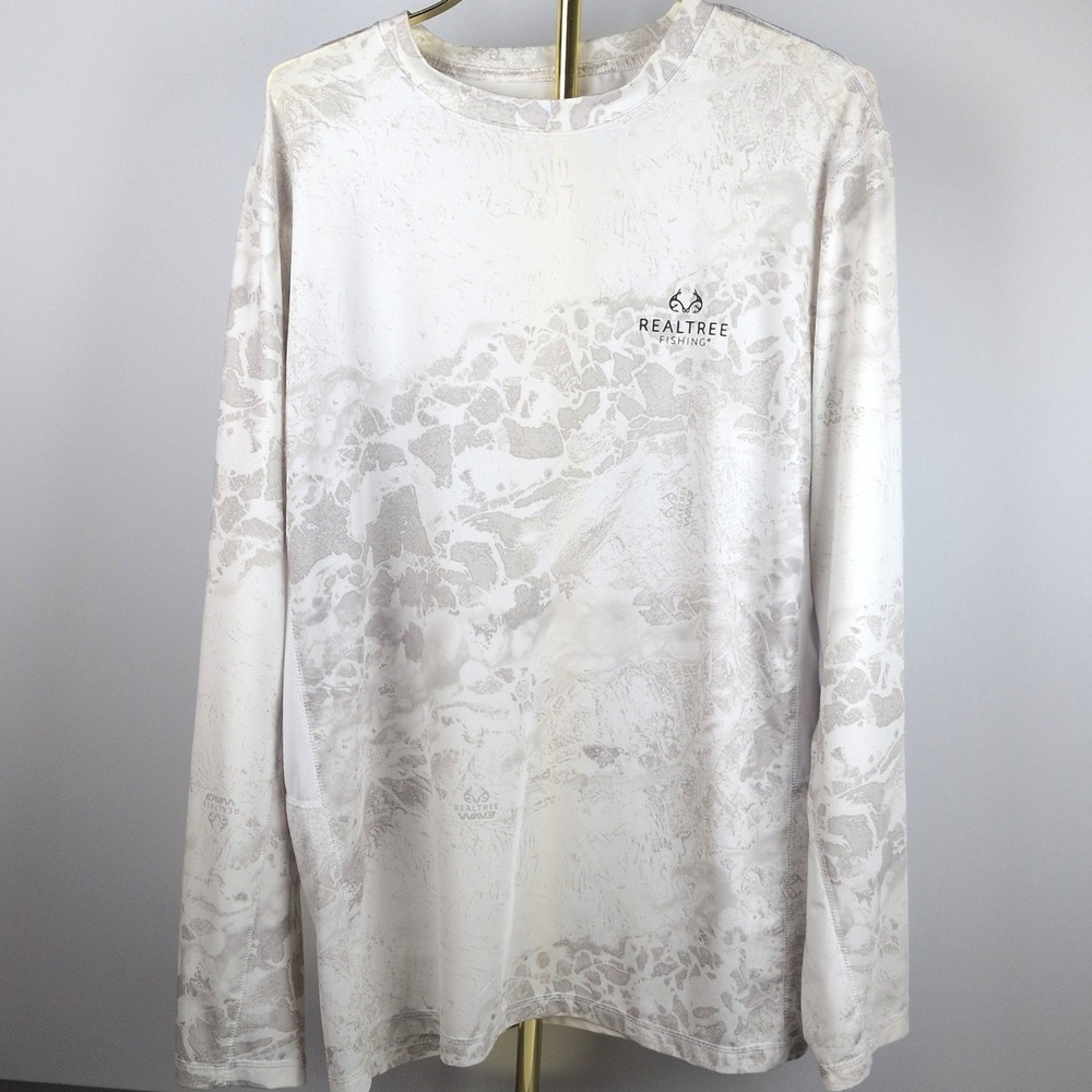 Realtree Mens Large Fishing Shirt White Grey Camo Performance Long Sleeve Mesh
